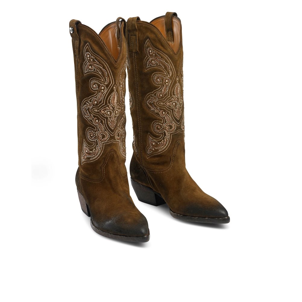 Női Russell And Bromley Wildwest Embroidered Western Térdig Érő Csizma Barna | 486302RGT