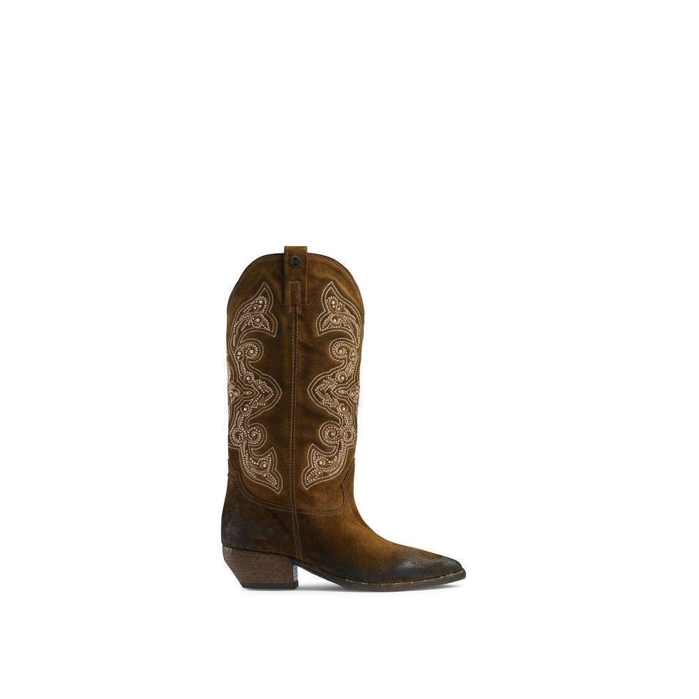 Női Russell And Bromley Wildwest Embroidered Western Térdig Érő Csizma Barna | 486302RGT